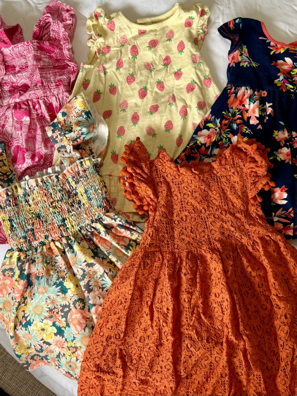 5 Toddler Floral & Strawberry Dress Bundle - Orange Lace Feature